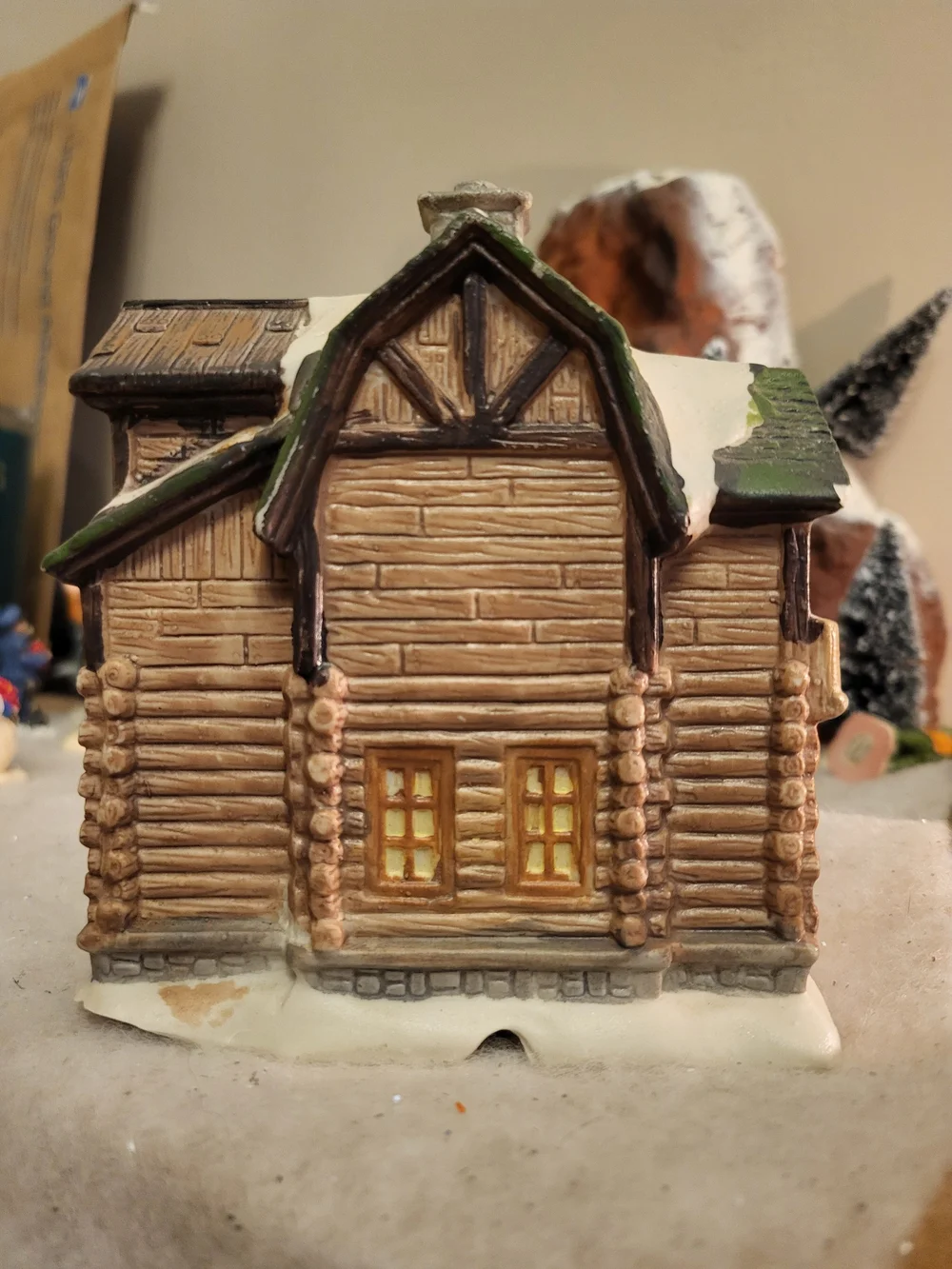 Holiday Time Christmas Village Wood Carving Workshop Log Cabin Bear